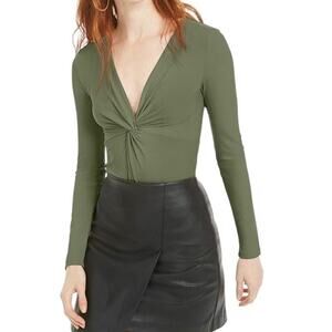 Bar III Dusty Olive Ribbed Twist Front Bodysuit Size Small NWT